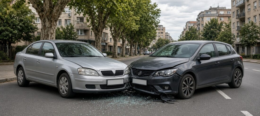 Dy vetura të dëmtuara pas një aksidenti në trafik në një rrugë të qytetit