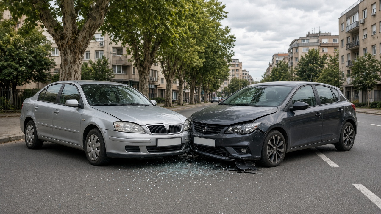 Dy vetura të dëmtuara pas një aksidenti në trafik në një rrugë të qytetit